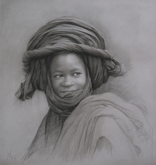 Guillermo Muñoz Vera, Young Man from Mali, 2019, conte pencil and charcoal on paper, 20 7/8 x 19 5/8 inches