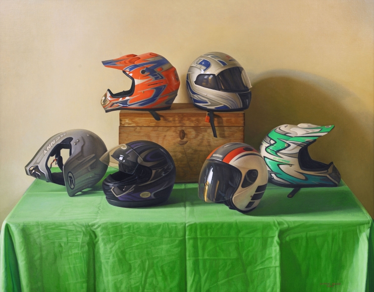 Claudio Bravo, Cascos moto, 2009, oil on canvas, 45 1/4 x 57 3/4 inches