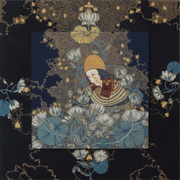Stephanie Wilde, Tears of Ra, 2015, ink, acrylic and gold leaf, 30 x 30 inches
