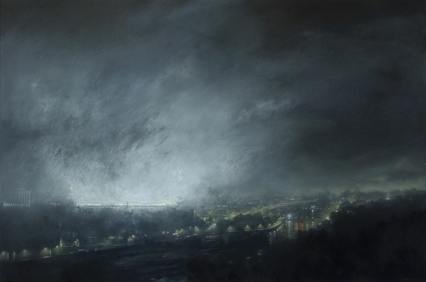 craig mcpherson, Yankee Stadium (Heavy Mist) (SOLD), 2006, pastel over Mezzotint, 24 x 30 inches