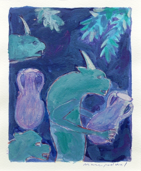 Mark Podwal, Demons Watering King Solomon’s Gardens, 1998, acrylic, gouache and colored pencil on paper, 12 x 10 inches