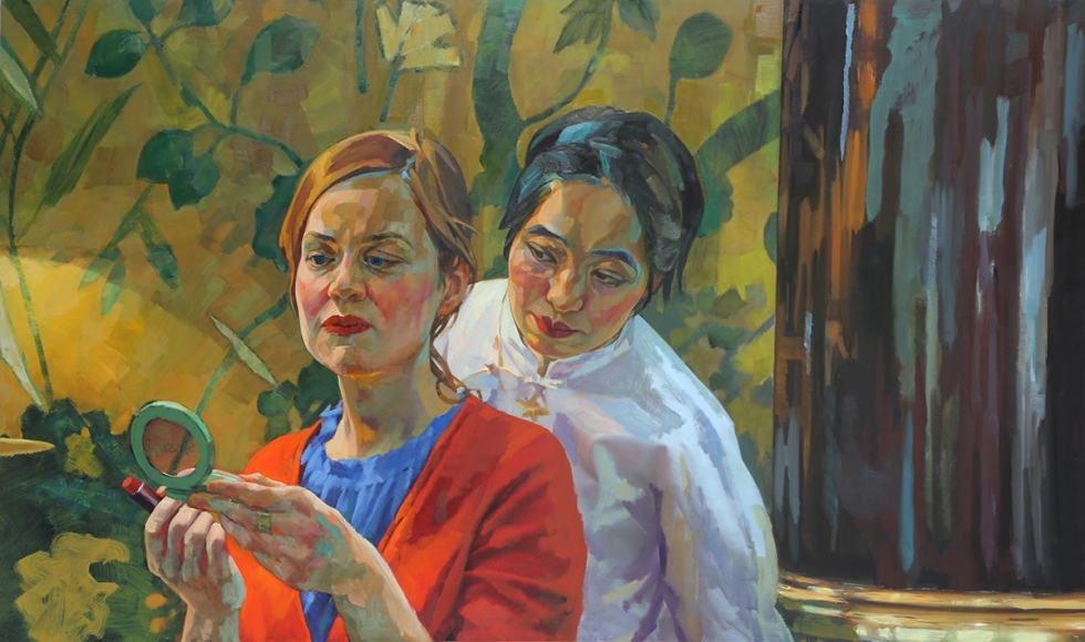 Xenia Hausner, China Club II, 2018, oil on Dibond, 53 x 89 3/8 inches