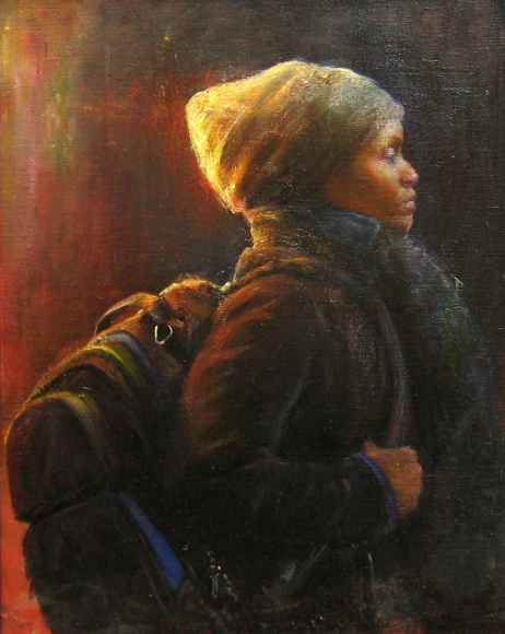 Steven Assael Niami with Backpack, 2007, oil on canvas, 20 x 16 inches