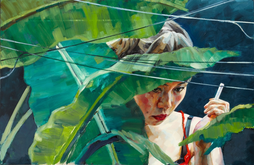Xenia Hausner, Indigo Yao, 2013, oil on Dibond, 34 1/2 x 52 3/4 inches