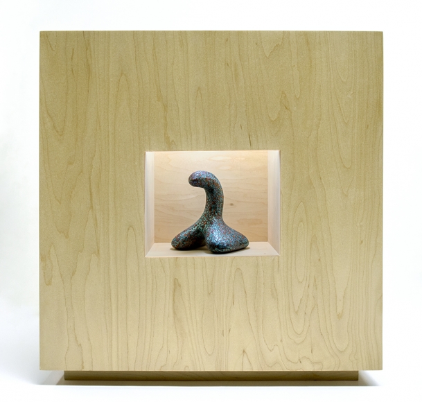 Curley, 2005 fired and hand-painted clay sculpture, in wooden, lighted case