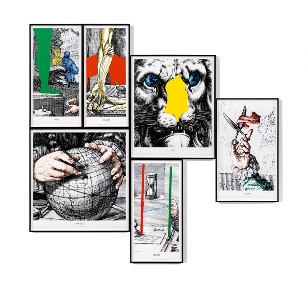 Engravings With Sounds: SOB, GRUNT, CLACK, SNEEZE, URG, TOOT, 2015archival inkjet printsizes variable from 26 x 10 7/8 in. / 66 x 27.6 cm 