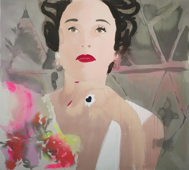 BRINTZ GALLERY, LIZ MARKUS, Babe Paley in Verdura, 2018, Acrylic and pencil on unprimed canvas, 46 by 51 inches, Unique Art