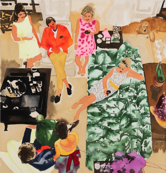 BRINTZ GALLERY, LIZ MARKUS, The Cocktail Party, 2018, Acrylic and pencil on unprimed canvas, 51 by 48 inches, Unique Art