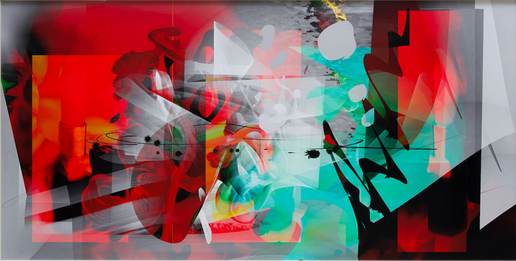 BRINTZ GALLERY, PETRA CORTRIGHT, Vertigogo take three to make a marriage, 2017, Digital painting on gloss paper, 48 by 94 inches, Unique Art