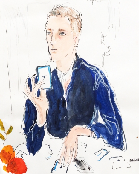 Drawing of man playing cards by Richard Haines