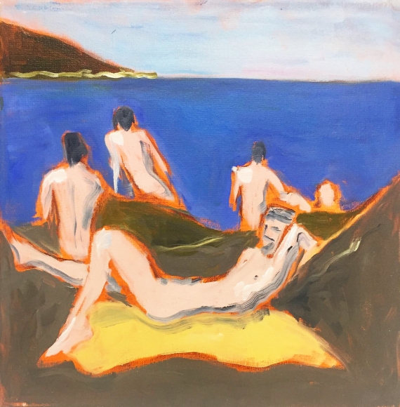 Painting of men at beach by Richard Haines