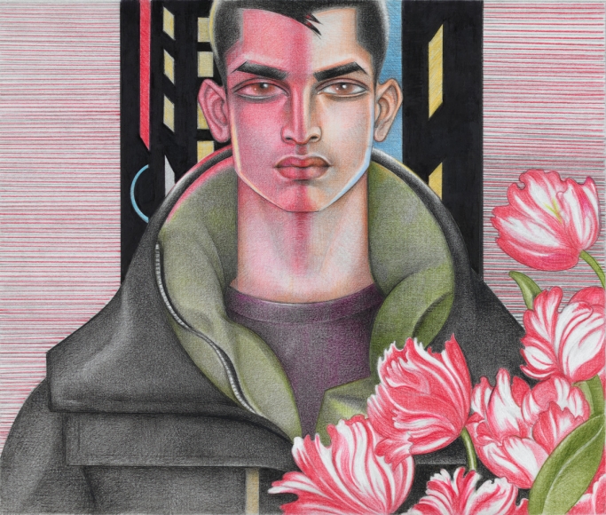Drawing of man with flowers by Mel Odom