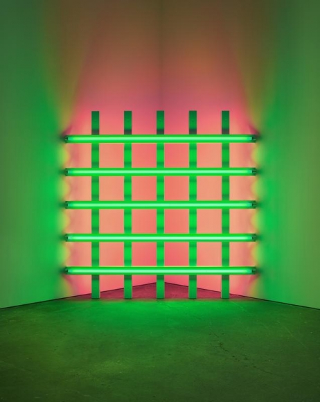 Dan Flavin. untitled (to Mary Ann and Hal with fondest regards) 2, 1976. Green and pink fluorescent light, 8 ft. (244 cm) square across a corner, © 2018 Estate of Dan Flavin / Artists Rights Society (ARS), New York. Courtesy David Zwirner and PKM Gallery.