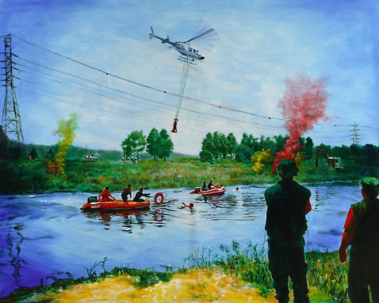 Sung-hung Kong. Civil Defense Drill, 2006. Acrylic & oil on canvas, 227.3 x 181.8 cm. Courtesy of the artist & PKM Gallery.
