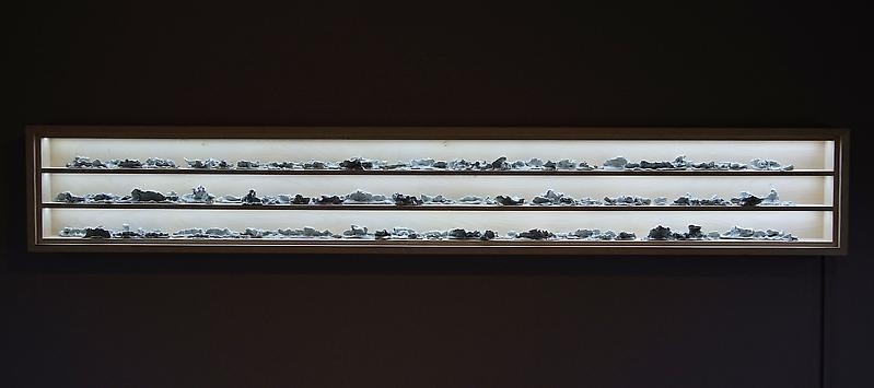 Bae Young-whan. Frozen Waves, 2010. Celadon objects in artist’s cabinets of plywood and glass and LED lights, suite of 4 cabinets, 240 x 38 x 12 cm each. Courtesy of the artist & PKM Gallery.