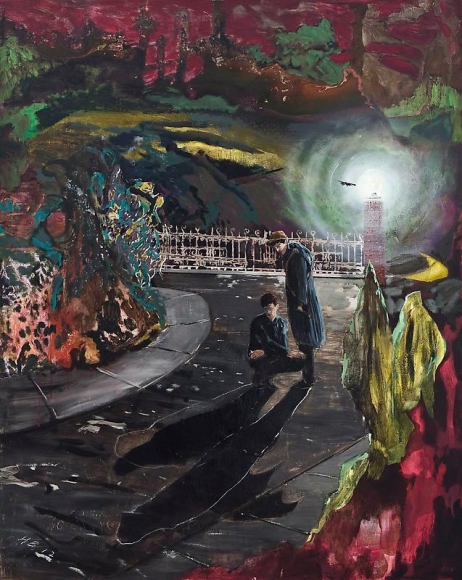 Hernan Bas. Tracing Shadows (or, the mistaken silhouette), 2012. Acrylic, silkscreen, block print and airbrush on linen, 152.4 x 122 cm. Courtesy of the artist & PKM Trinity Gallery.