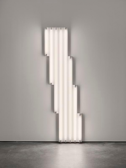 Dan Flavin. "monument" for V. Tatlin, 1968. Cool white fluorescent light, 8 ft. (244 cm) high. © 2018 Estate of Dan Flavin / Artists Rights Society (ARS), New York. Courtesy David Zwirner and PKM Gallery.