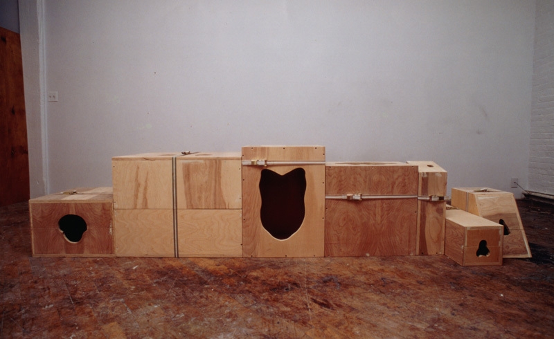Cody Choi. Scamp #1 (Self-Portrait in Energy Level), 1994. Wood and banding straps, 300 x 89 x 66 cm. Courtesy of the artist & PKM Gallery.