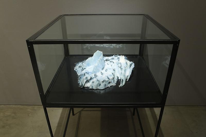 Minouk Lim. Liquide CommuneⅠ, 2011. Thermo foam, paraffin, synthetic fur, cuttlefish bone in steel and glass vitrine, 124 x 79 x 74 cm (sculpture 19.5 x 53 x 46 cm). Courtesy of the artist & PKM Gallery.