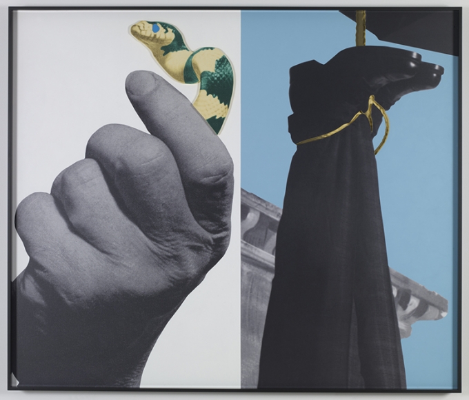 John Baldessari. Hands and/ or Feet (Part One): Snake/Hanging Person, 2009. Three dimensional archival print laminated with Lexan and mounted on Sintra with acrylic paint, 149.9 x 176.8 cm. Courtesy Marian Goodman Gallery, New York. 