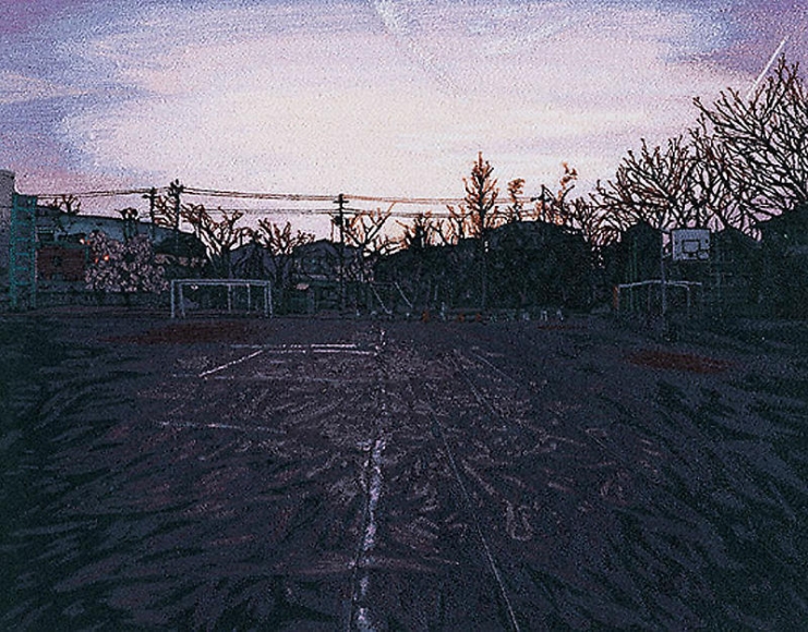 Satoru Aoyama. Schoolyard(West), 2004. Embroidery, 52.6 x 47.5 cm. Courtesy of the artist & PKM Gallery.