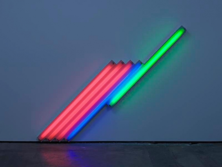 Dan Flavin. untitled (for Frederika and Ian) 4, 1987. Pink, blue, and green fluorescent light, 6 ft. (183 cm) long on the diagonal. © 2018 Estate of Dan Flavin / Artists Rights Society (ARS), New York. Courtesy David Zwirner and PKM Gallery.