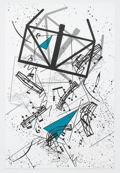 Claes Oldenburg and Coosje van Bruggen. Falling Notes (Edition of 60 + 12AP + 6PP + 1BAT), 2006. Lithograph, 121.3 x 80.6 cm. © 2006 Claes Oldenburg and Coosje van Bruggen. Photo courtesy Pace Gallery.