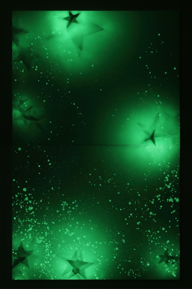 Koo Jeong A. Seven Stars, 2020, Phosphorescent pigment, acrylic painting on canvas, 243(121.5x2) x 152.5 x 3.5 cm. Courtesy of the artist & PKM Gallery.