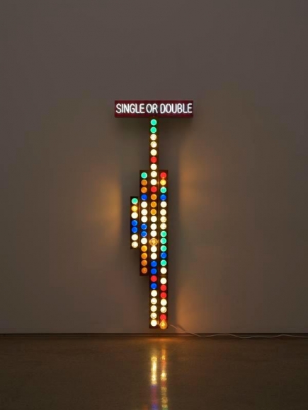 Cody Choi. Power of Bluff - Single or Double, 2018. Neon, light bulb, Stainless Steel, Candy Paint, Electric Sensor, 172.2 x 59 x 18 cm. Courtesy of the artist & PKM Gallery.