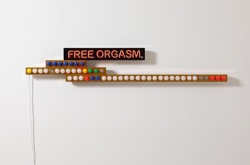 CODY CHOI. Power of Bluff-free Orgasm, 2017, Neon, light bulb, stainless steel, candy paint, electric sensor, 33.6 x 200 x 12 cm. Courtesy of the artist & PKM Gallery.