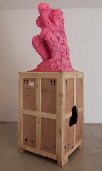 Cody Choi. The Thinker, December #3, 1996. Toilet Paper, Pepto-Bismol, Wood, 111,8 x 91,4 x 27,9 cm. Courtesy of the Artist & PKM Gallery.