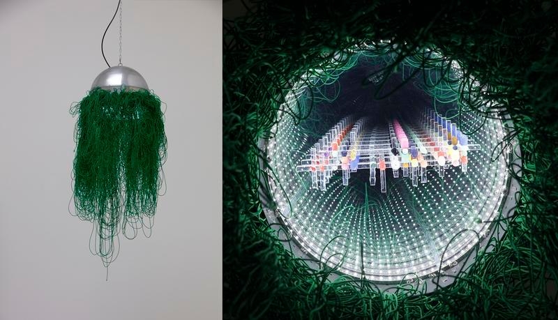 Lee Bul. Untitled("Infinity" suspended B01-1.1), 2015. Stainless steel, aluminum, elastic strings, acrylic mirror, two-way acrylic mirror, LED lights, glass mirror, acrylic beads, pearl and steel chain, 244 x ∅80 cm. Courtesy of the artist and PKM Gallery.