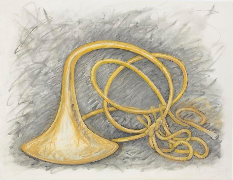 Claes Oldenburg and Coosje van Bruggen. French Horn, Unwound, Horn Against Ground, 2001. 94 x 122 cm. © 2001 Claes Oldenburg and Coosje van Bruggen. Photo courtesy Pace Gallery.