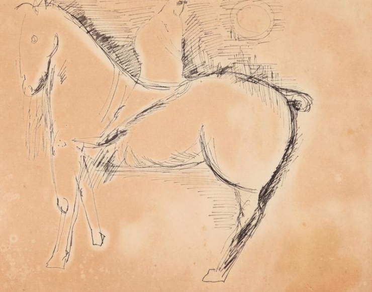 Kwon Jin Kyu. Knight seeing the Moon, 1956-57. Ink on paper, 22.5(h) x 28.3 cm. Private Collection. Courtesy of Kwon Jin Kyu Commemoration Foundation & PKM Gallery.