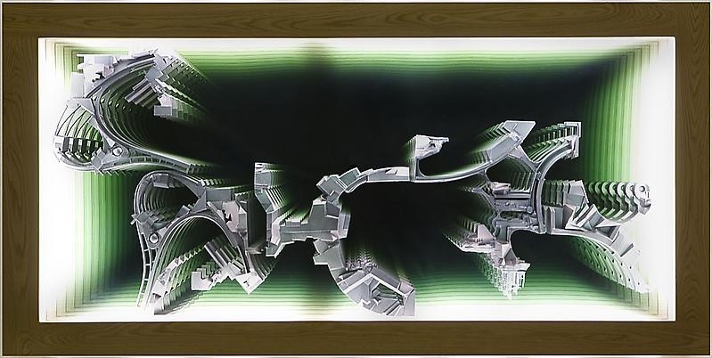 Lee Bul. Untitled ("Infinity" series), 2008. Cast polyurethane, paint, two-way mirror, fluorescent lamp, wood frame, 120 x 240 x 13 cm. Courtesy of the artist & PKM Gallery.