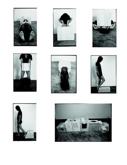Cody Choi. Modeling for Scamps, Scam (Self-Portrait in Energy Level), 1993. Wood and banding straps, 118 x 35 x 26 cm. Courtesy of the artist & PKM Gallery.