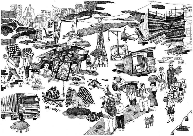 Mira Park. A Bunch of Nomads, 2010. Pen on paper, 29.7 x 42 cm. Courtesy of the artist & PKM Gallery.