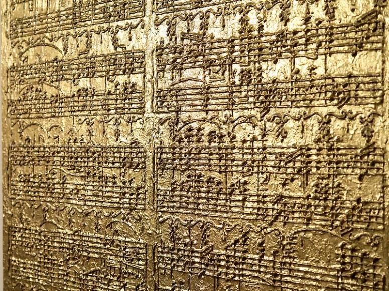 Bae Young-whan. Golden Tears_Wedding March, 2013. Glue and gold paint on abandoned wooden panel, 72.8 x 90.5 cm.