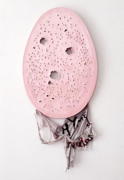 Cody Choi. Hymenaios, 2016. Oil on canvas, used underwear, thread, 41 x 108 cm. Courtesy of the artist and PKM Gallery.