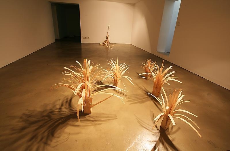 Bae Young-whan. Lovesick Weeds, 2008. Drawing on wooden sculptures, h 41 x dia 50cm; h 52 x dia 65cm; h 45 x dia 55cm; h 64 x dia 88cm; h 56 x dia 72 cm.; Stranding, 2008. Drawing on wood chips and shavings, thread, approx, 380 x 80 cm. Courtesy of the artist & PKM Gallery.