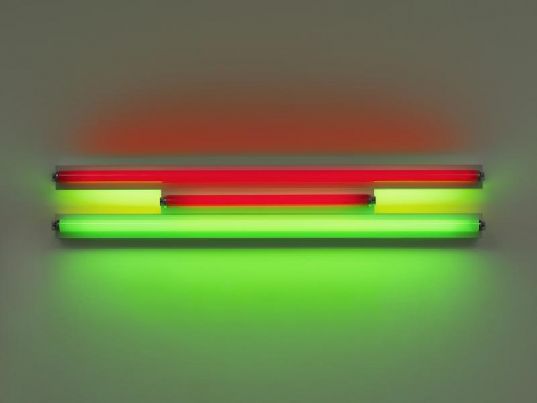 Dan Flavin. untitled, 1995. Red and green fluorescent light, 4 ft. (122 cm) wide, © 2018 Estate of Dan Flavin / Artists Rights Society (ARS), New York. Courtesy David Zwirner and PKM Gallery.