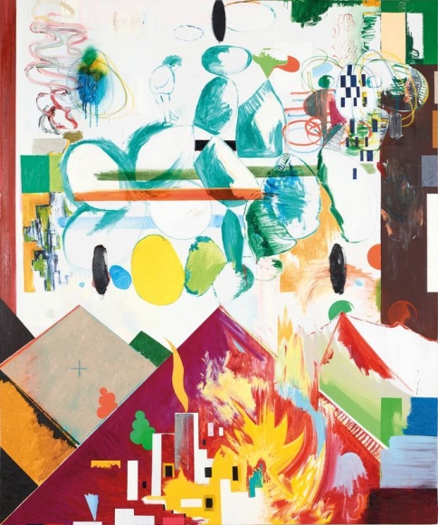 Hyunjin Bek. Some Facts, Speculation, Delusion and Silence, 2015-2016. Oil, acrylic spray, oil pastel, enamel spray on canvas, 180 x 150 cm. Courtesy of the artist & PKM Gallery.