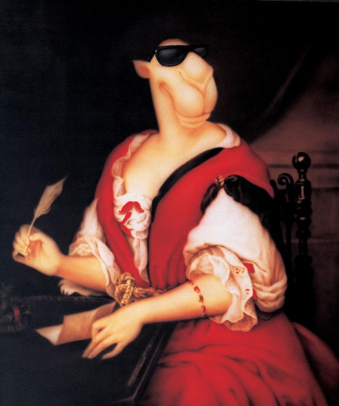 Zhou Tiehai. Portrait of Madame de Sevigne Writing, 2008. Acrylic (airbrush) on canvas, 180 x 150 cm. Courtesy of the artist & PKM Gallery.