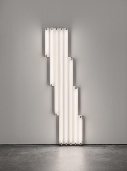 Dan Flavin. "monument" for V. Tatlin, 1968. Cool white fluorescent light, 8 ft. (244 cm) high, © 2018 Estate of Dan Flavin / Artists Rights Society (ARS), New York. Courtesy David Zwirner and PKM Gallery.