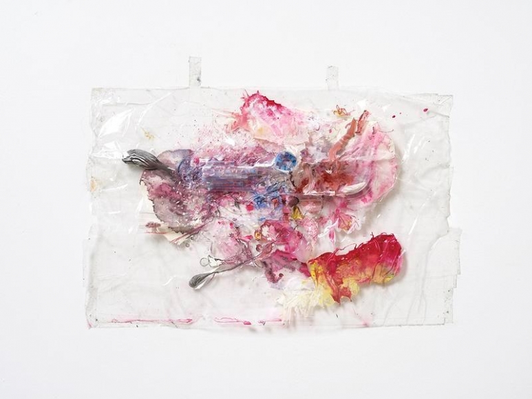 Ham Jin. Untitled 7_2016, 2016. Cellophane tape, transparent vinyl, acrylic paint, straw, polymer clay, paper, 42 x 56 cm (framed). Courtesy of the artist and PKM Gallery.