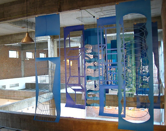 Jinnie Seo. Blue Borders, 2002. 21 paper cut panels, acrylic on paper, 203 x 53 cm each. Installation view at PKM Gallery Beijing. Courtesy of the artist & PKM Gallery.