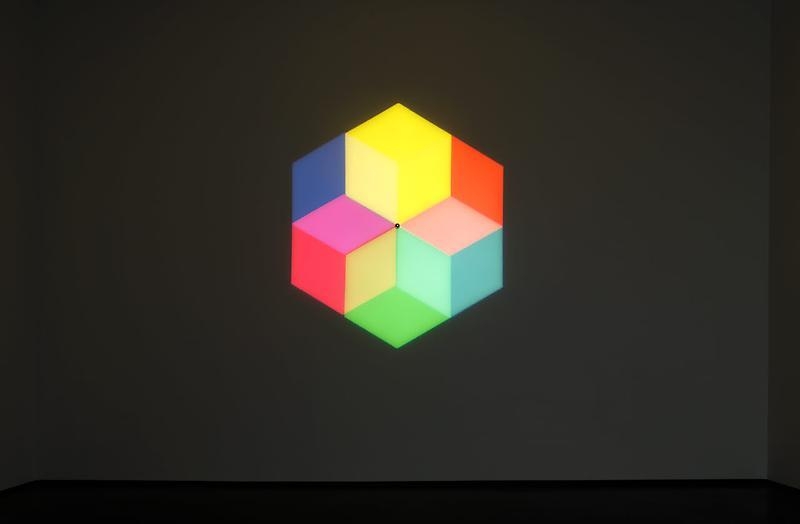 Olafur Eliasson. Afterimage star, 2008. Eight spotlight, wall mount, color filter foil(blue, yellow, magenta, red, green, turquoise), control unit, Duration: 4:43 min. Photographer: Jems Ziehe. Courtesy of the artist & PKM Trinity Gallery. © 2012 Olafur Eliasson.