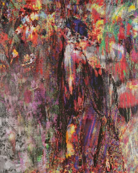 CODY CHOI. Stolen Data Animal Totem, Tiger#2 , 2018, Oil, UV Ink, mesh, cloth, 162.2 x 130.3 cm. Courtesy of the artist & PKM Gallery.