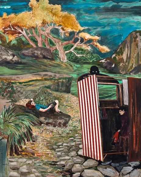 Hernan Bas. A Private Show, 2012. Acrylic on linen, 152.4 x 122 cm. Courtesy of the artist & PKM Trinity Gallery.