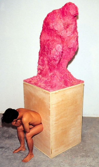 Cody Choi. The Thinker, december #3, 1996. Toilet paper, Pepto-bismol and wood, 111.76 x 91.44 x 281.94 cm. Courtesy of the artist & PKM Gallery.